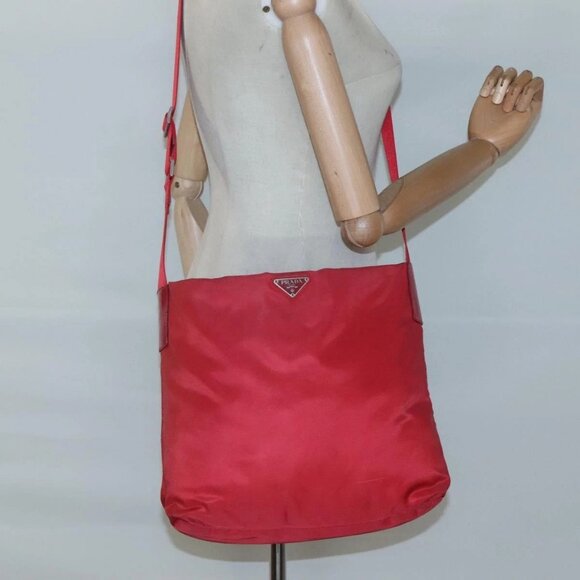 PRADA Shoulder Bag Nylon Red Silver Auth - Picture 1 of 16